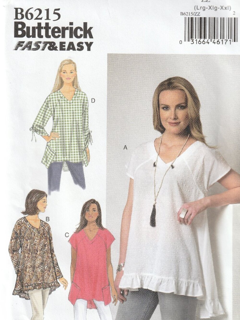 UNCUT Butterick B6215 sewing pattern loose pullover tops sizes Large XL XXL